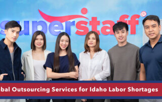 Six SuperStaff customer service agents smile to the camera, ready to provide global outsourcing services.