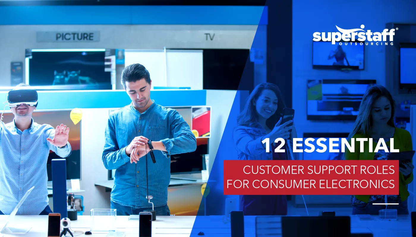 Customer Support Roles Four people are checking tech gadgets, waiting patiently for Consumer Electronics Customer Support.