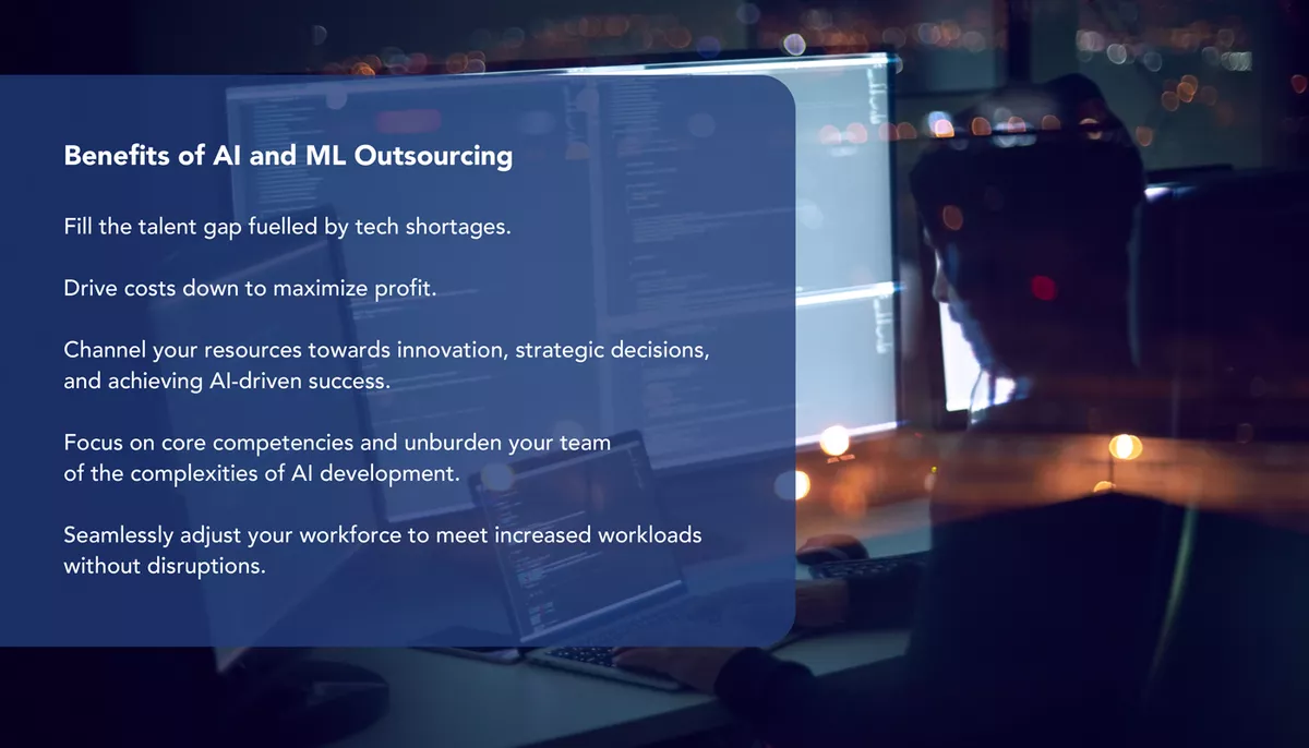 Benefits-of-AI-and-ML An infographic shows benefits of artificial intelligence and machine learning services.