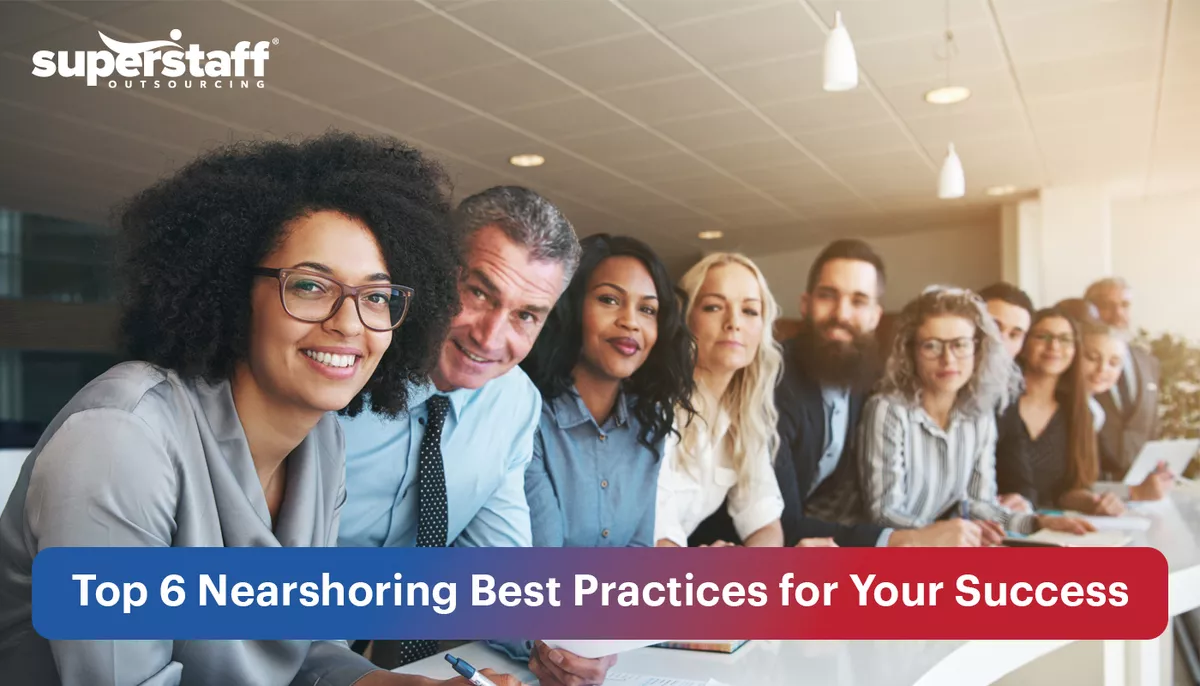 Featured-Image An image shows about 9 Colombian executives smiling. The caption reads Top 6 Nearshoring best practices.