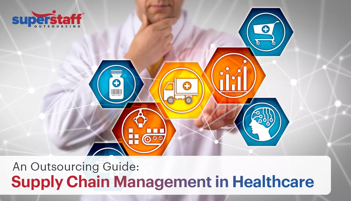 An-Outsourcing-Guide An image shows icons for different supply chain management in healthcare.
