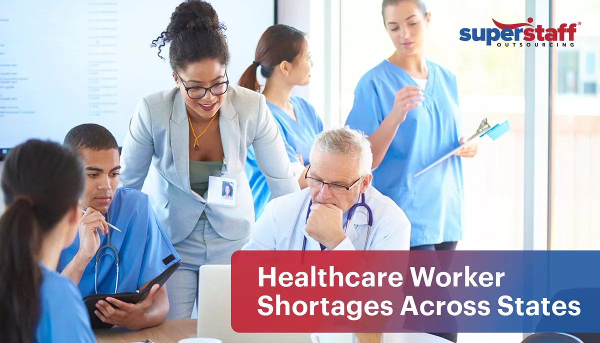 Healthcare-Worker-Shortages-Across-States An image shows six hospital executives discussing healthcare worker shortage across states.