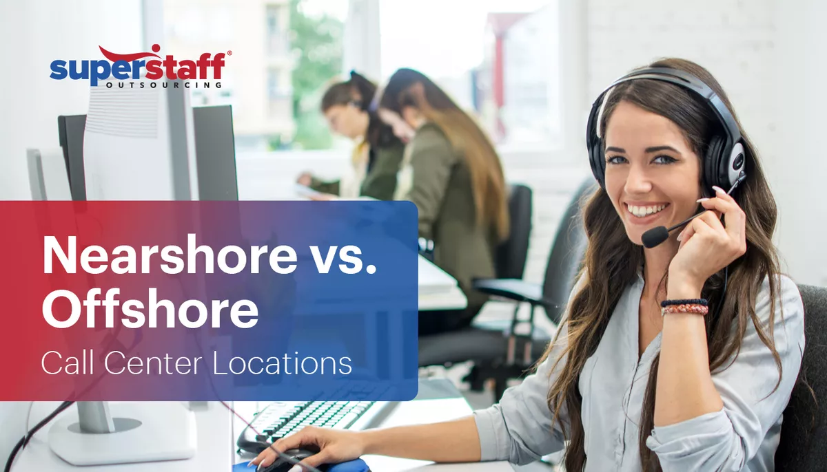 Nearshore-VS-Offshore There is a female call center agent agent smiling. The image has the text Nearshore vs. Offshore.