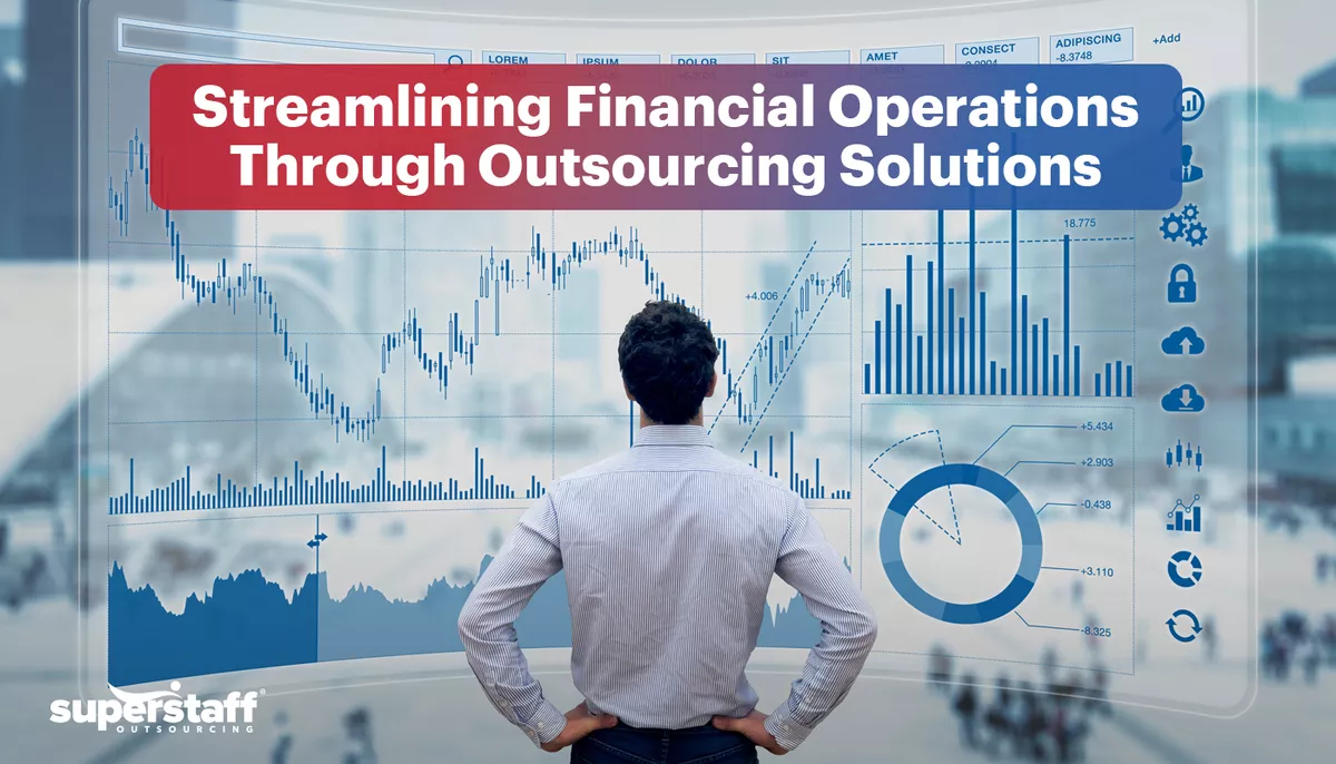 Streamlining-Financial-Operations-Through-Outsourcing-Solutions- An accounting professional stands in front of a screen filled with charts and graphs. Also in the image is the text, "Streamlining Financial Operations Through Outsourcing Solutions."