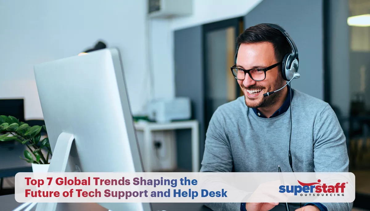 A customer support representative is working happily. The text "Top 7 Global Trends Shaping the Future of Tech Support and Help Desk" is also on the image.