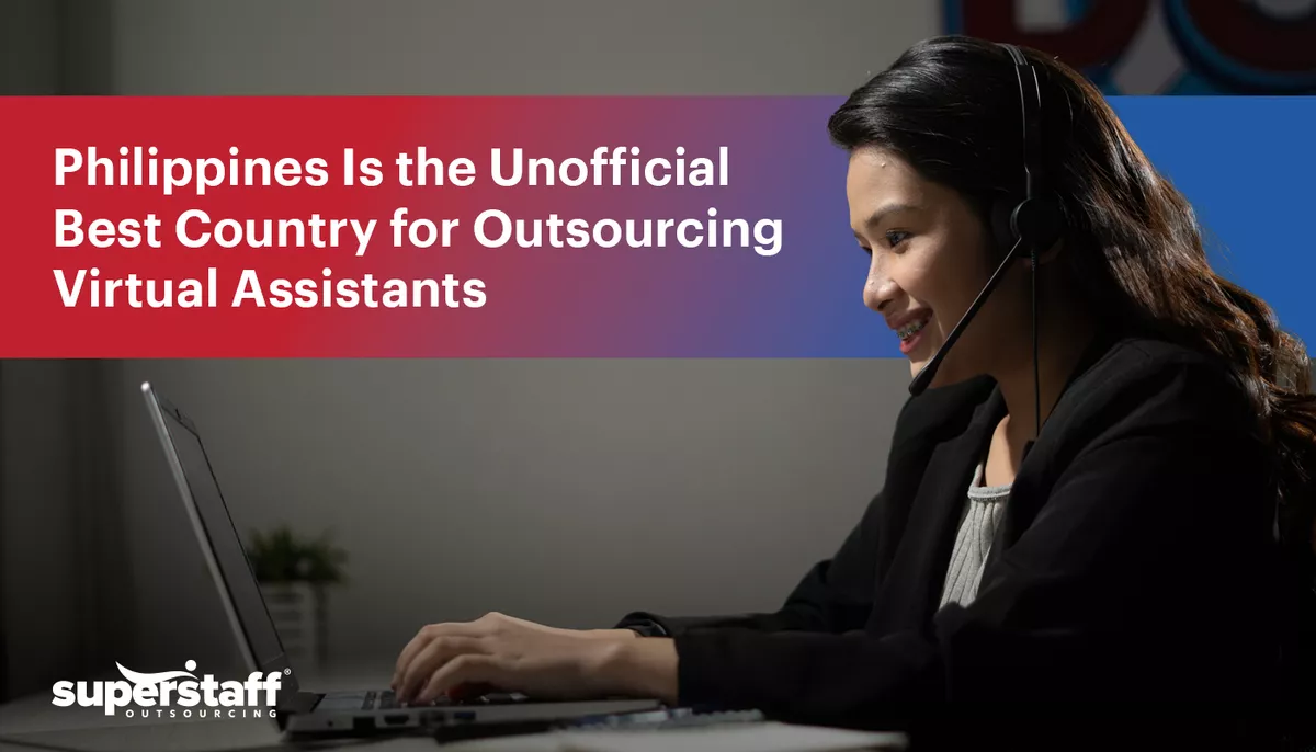 Philippines-Is-the-Unofficial-Best-Country-for-Outsourcing-Virtual-Assistants A Filipino virtual assistant is shown hard at work. The image also shows the title of the blog, "Harness the Philippines’ Potential: The Unofficial Best Country for Outsourcing Virtual Assistants in 2024."