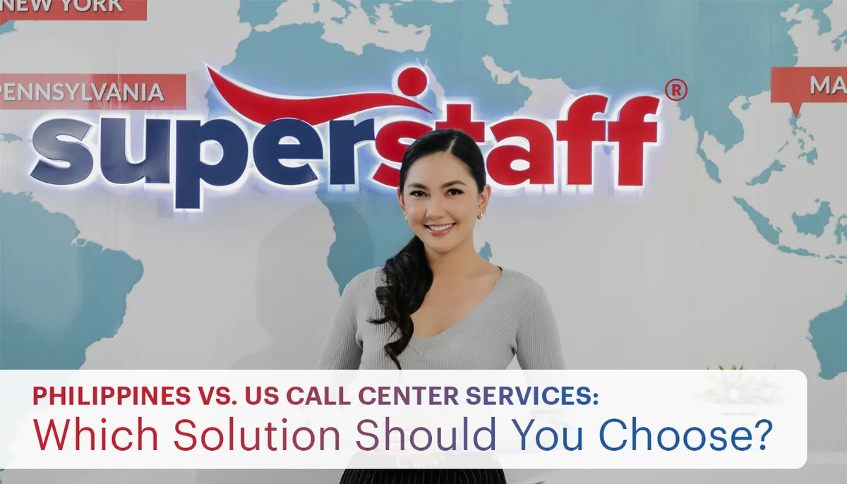 Philippines-vs.-US-Call-Center-Services An image shows a happy call center agent. The title features "Philippines vs. U.S. Call Center Services"