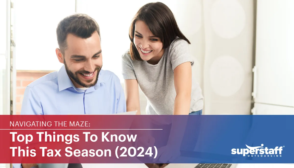 Top-Things-To-Know-This-Tax-Season-(2024) Two accountants work in their laptop. Image caption says: Top Things To Know This Tax Season 2024.