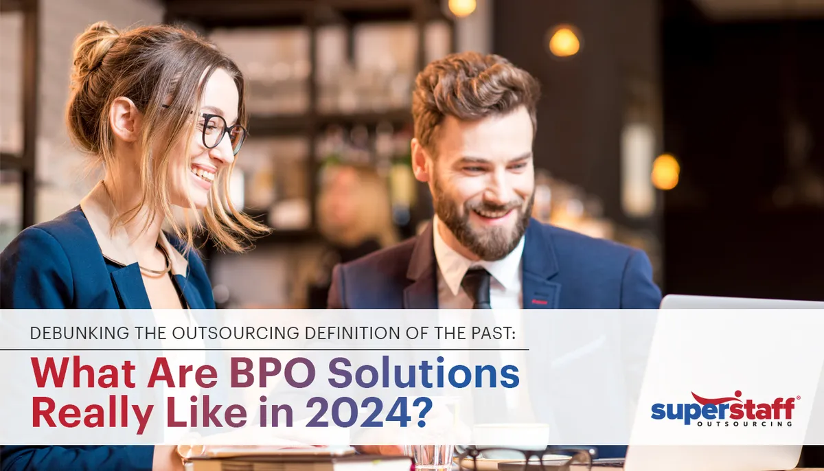 What-Are-BPO-Solutions-Really-Like-in-2024 Two professionals are smiling. Image caption says: What are BPO Solutions Really Like in 2024?