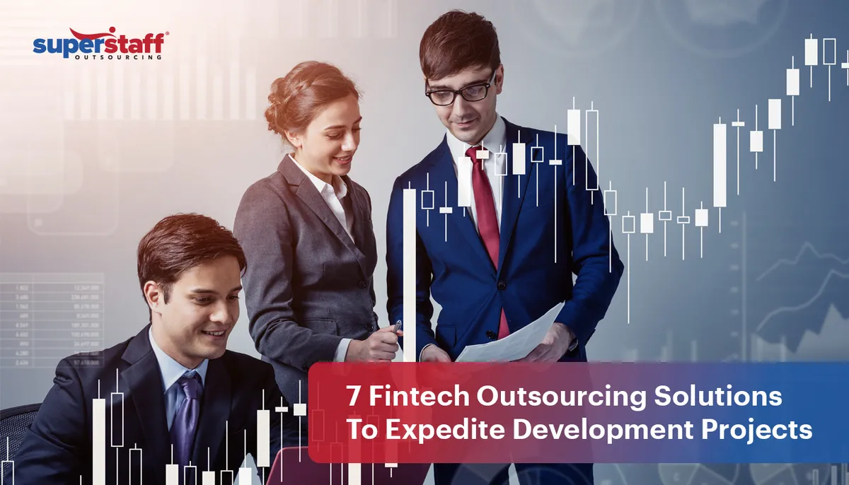 7-Fintech-Outsourcing-Solutions–To-Expedite-Development-Projects Three bank professionals look at charts and documents. Image caption says: 7 Fintech Outsourcing Solutions To Expedite Development Projects