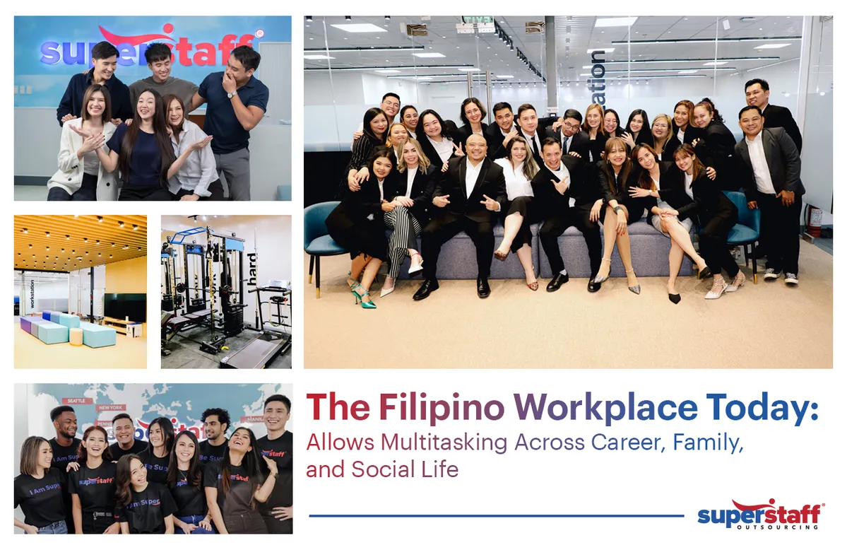 The-Filipino-Workplace-Today A collage of photo shows happy employees and modern office, reflecting the vibrant dynamics in call center Philippines today.