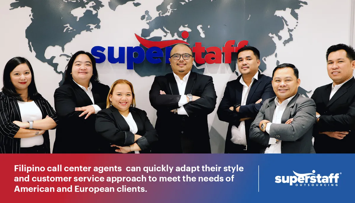 The-Philippines—Your-Choice-for-Offshore-Multilingual-Solutions SuperStaff call center agents smile proudly at the office lobby.