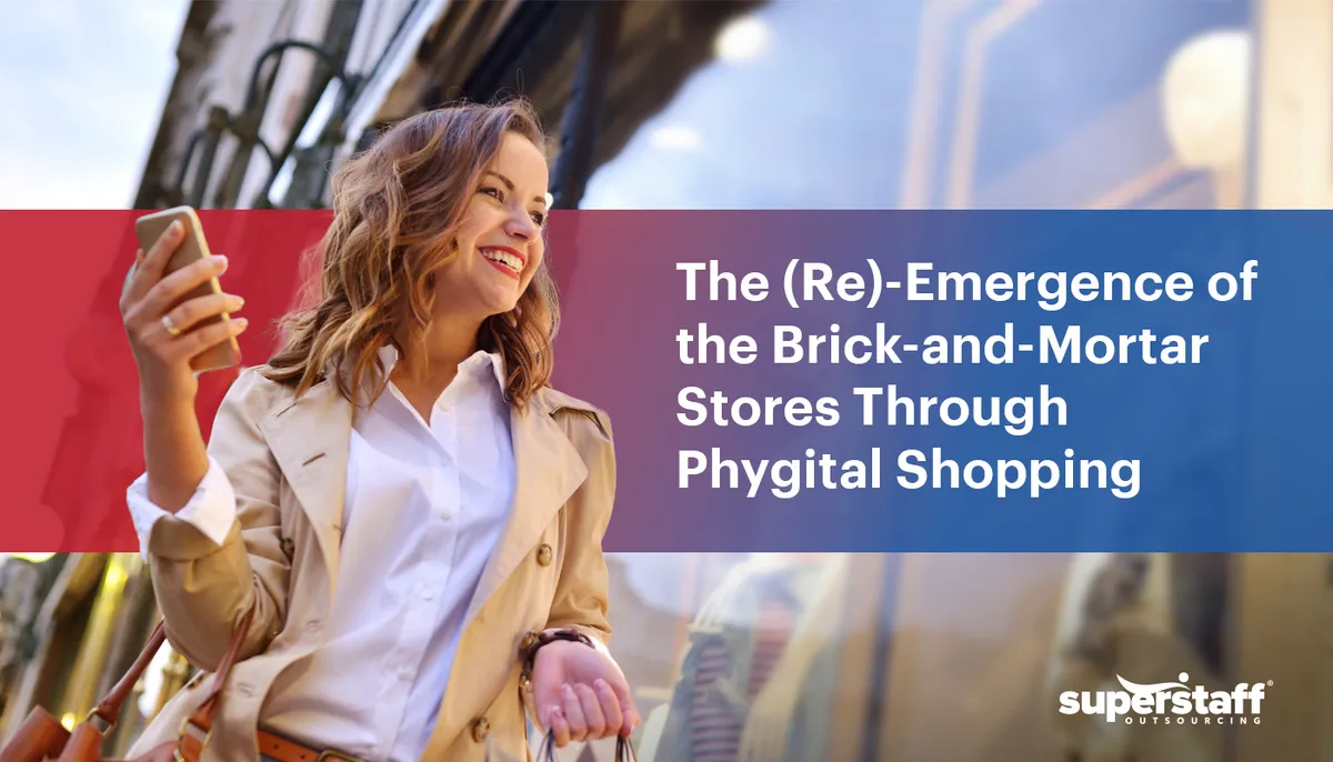 The-(Re)-Emergence-of-the-Brick-and-Mortar-Stores-Through-Phygital-Shopping A woman is shopping at the mall. Image caption reads: The (Re)-Emergence of the Brick-and-Mortar Stores Through Phygital Shopping