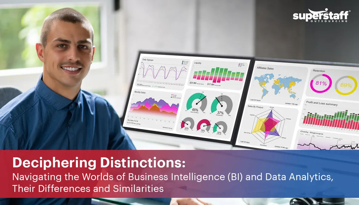 Deciphering-Distinctions The image shows a data expert posing in front of his computer. It also shows the title of the blog, "Deciphering Distinctions: Navigating the Worlds of Business Intelligence (BI) and Data Analytics, Their Differences and Similarities."