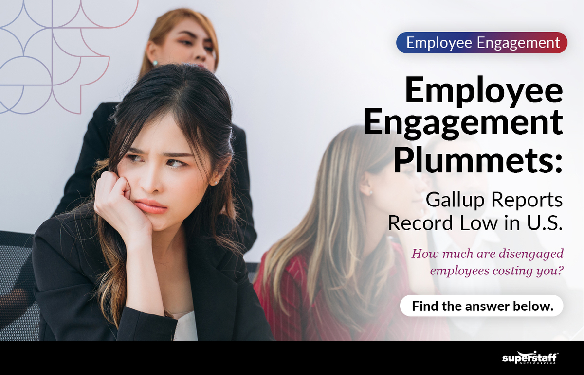 Employee-Engagement-Plummets A disengaged employee cups her chin as she looks on. Image caption reads: Employee Engagement Plummets