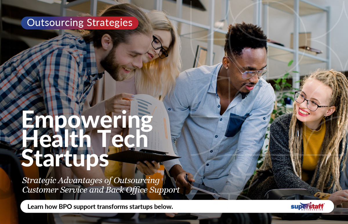 Learn-How-BPO-Support-Transforms-Startups-Below_Featured Tech CEOs work together on a project. Image caption reads: Empowering Health Tech Startups.
