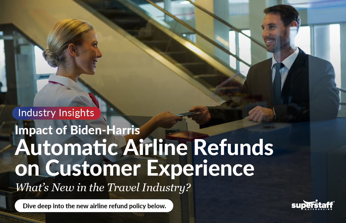 A traveler hands her ticket to an airline attendant. Image caption reads: What’s New in the Travel Industry? Impact of Biden-Harris Automatic Airline Refunds & Customer Experience Solutions That Work.