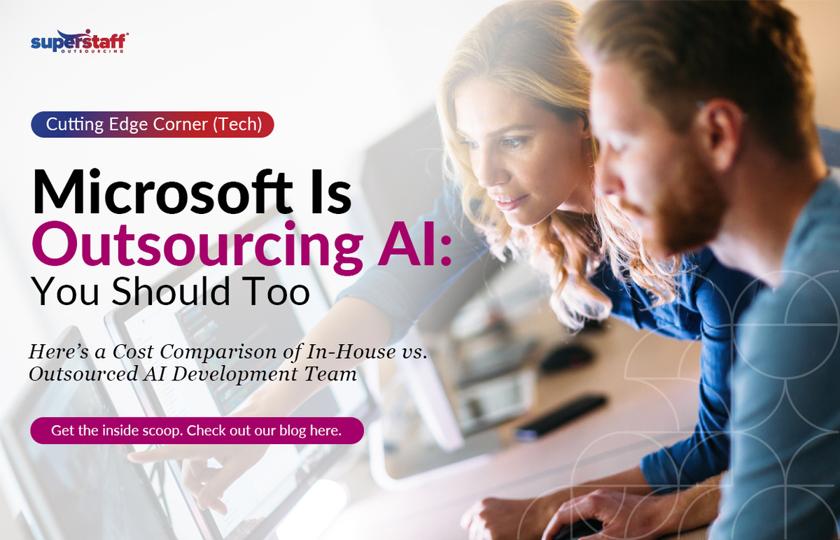Microsoft-Is-Outsourcing-AI_Featured Two AI experts work on their desktop. Image caption reads: Cost Comparison of In-house vs Outsourced AI Development team.