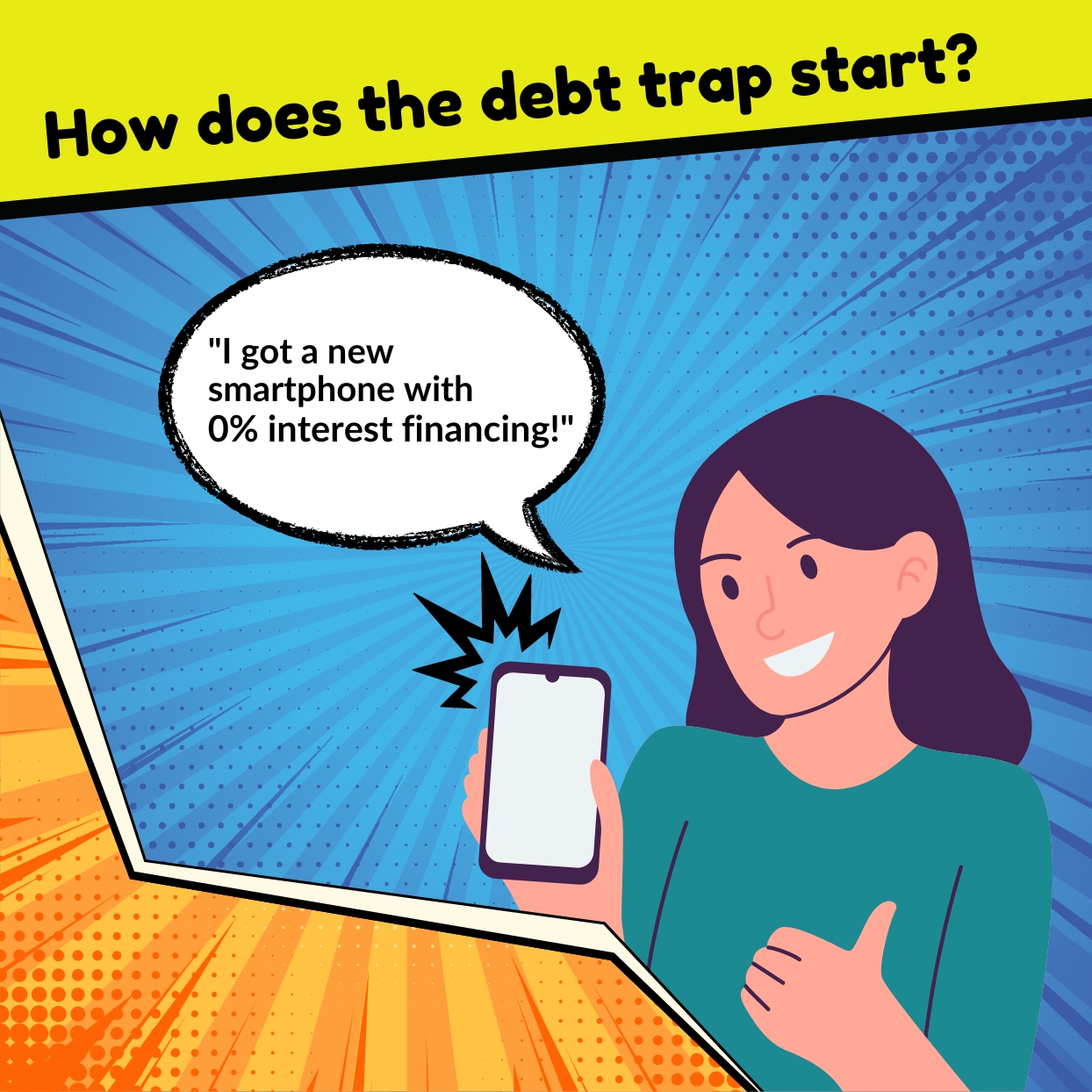 Avoiding_Common_Debt_Traps_Mini_Info_1-1 A comic strip on how debt traps begin.
