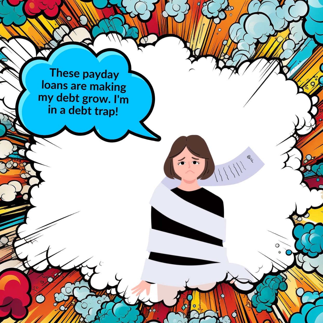 Avoiding_Common_Debt_Traps_Mini_Info_1-5 Final panel in a comic strap about how debt straps begin.