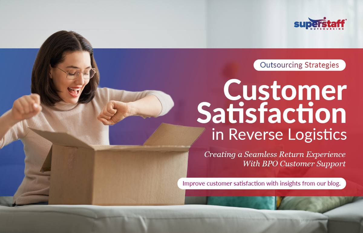 Customer-Satisfaction-in-Reverse-Logistics_Featured A delighted customer opens her delivery. Image caption reads: Creating a Seamless return Experience in Reverse Logistics.