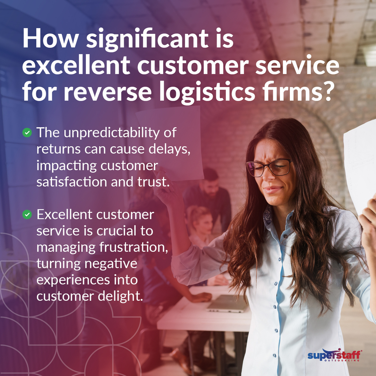 Customer-Satisfaction-in-Reverse-Logistics_IQ An business owner is frustrated about deliveries. Image caption reads: How significant is excellent customer service for reverse logistics?