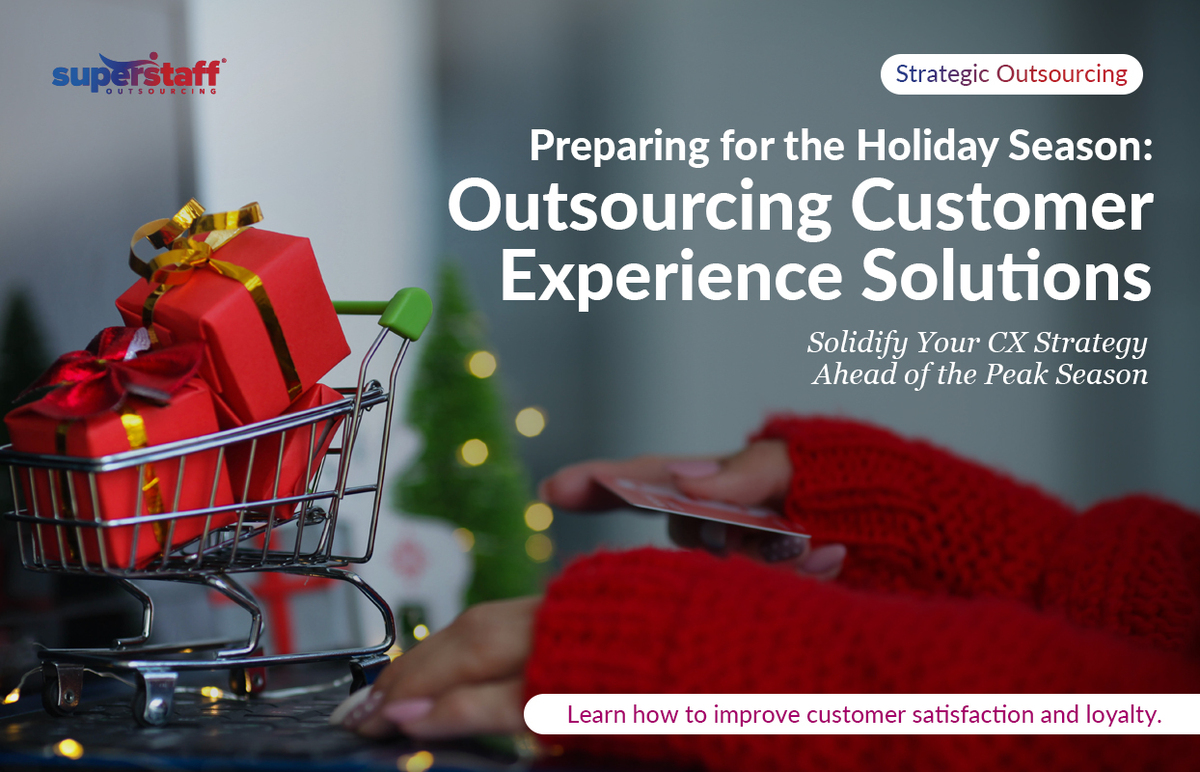 Preparing-for-the-Holiday-Season_Featured A red Christmas decor of small push cart and small gifts. Image caption reads: Preparing for the Holiday Season: Outsourcing Customer Experience Solutions