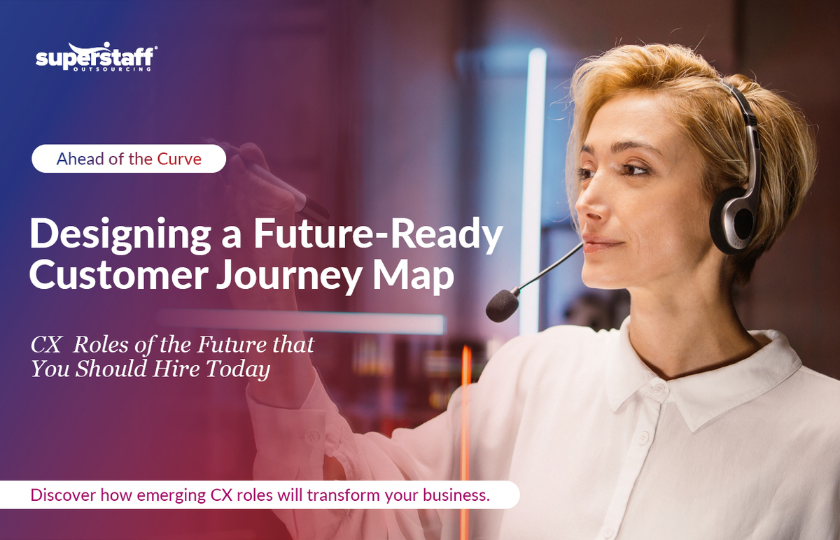 Secure-Your-CX-Advantage_Featured A CX Architect wears a headset. Image caption reads: Secure Your CX Advantage: Roles of the Future That You Should Hire Today