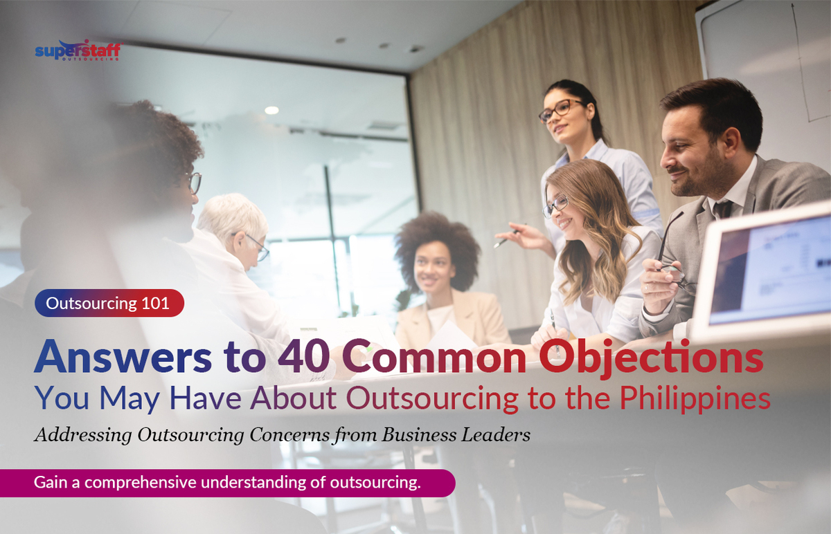 Answers-to-40-Common-Objections_Featured Executives are in a meeting. Image caption reads: Answers to 40 Common Objections You Have About Philippines Outsourcing