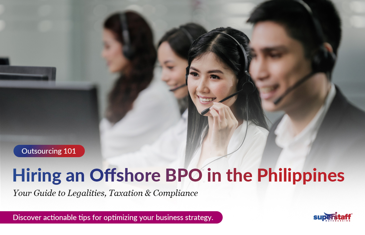 Hiring-an-Offshore-BPO-in-the-Philippines_Featured_V1 SuperStaff customer service reps attend to calls. Image caption reads: Hiring an Offshore BPO in the Philippines