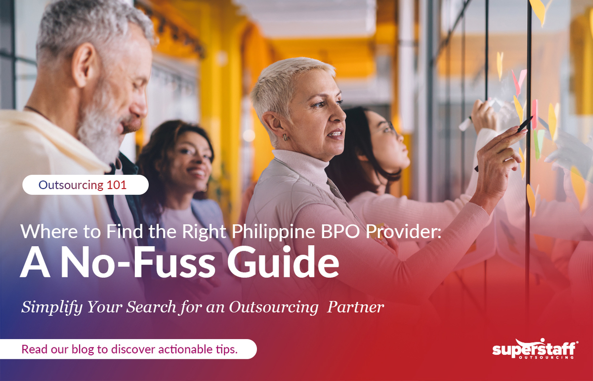 Where-to-Find-the-Right-Philippine-BPO-Provider_Featured Executives in a board meeting. Image caption reads: Where to Find the Right BPO in the Philippines: A No-Fuss Guide