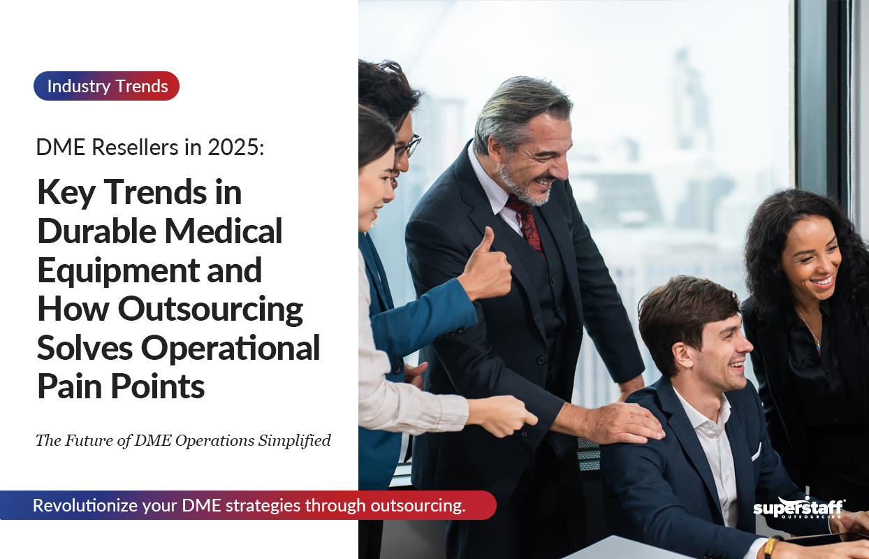 DME-Resellers-in-2025_Featured The image features a professional and collaborative business setting, with a diverse group of individuals engaged in a positive and productive discussion. At the center, a senior executive in a suit offers an encouraging gesture, such as a handshake or a supportive pat on the back, emphasizing teamwork and shared success. The group includes both men and women, dressed in formal business attire, smiling and interacting warmly. The background shows a modern office environment with large windows overlooking an urban skyline, adding to the corporate and forward-thinking atmosphere. Text overlays on the left side highlight key insights and solutions for the durable medical equipment industry, focusing on trends and the benefits of outsourcing.