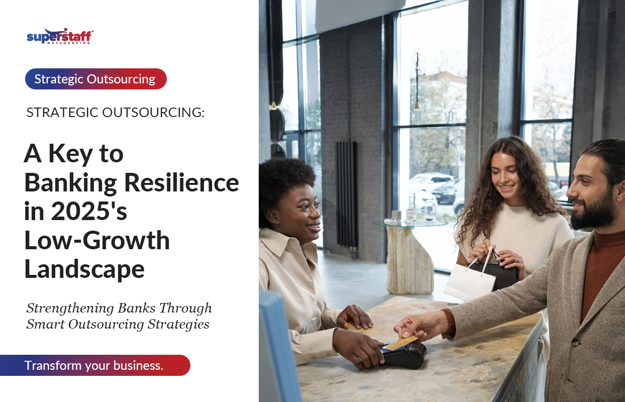 The image features a professional setting in the banking industry. On the left, text highlights the topic: "Strategic Outsourcing: A Key to Banking Resilience in 2025's Low-Growth Landscape."