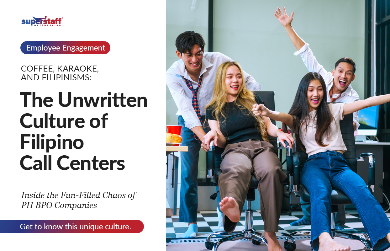 Hot-Coffee-Rousing-Karaoke-and-Witty-Filipinisms_Featured A lively group of four Filipino call center employees is having fun in a modern office setting. Two young women are seated on office chairs, laughing and extending their arms playfully as their male colleagues push them forward. The image conveys camaraderie, teamwork, and the fun side of working in a BPO environment.