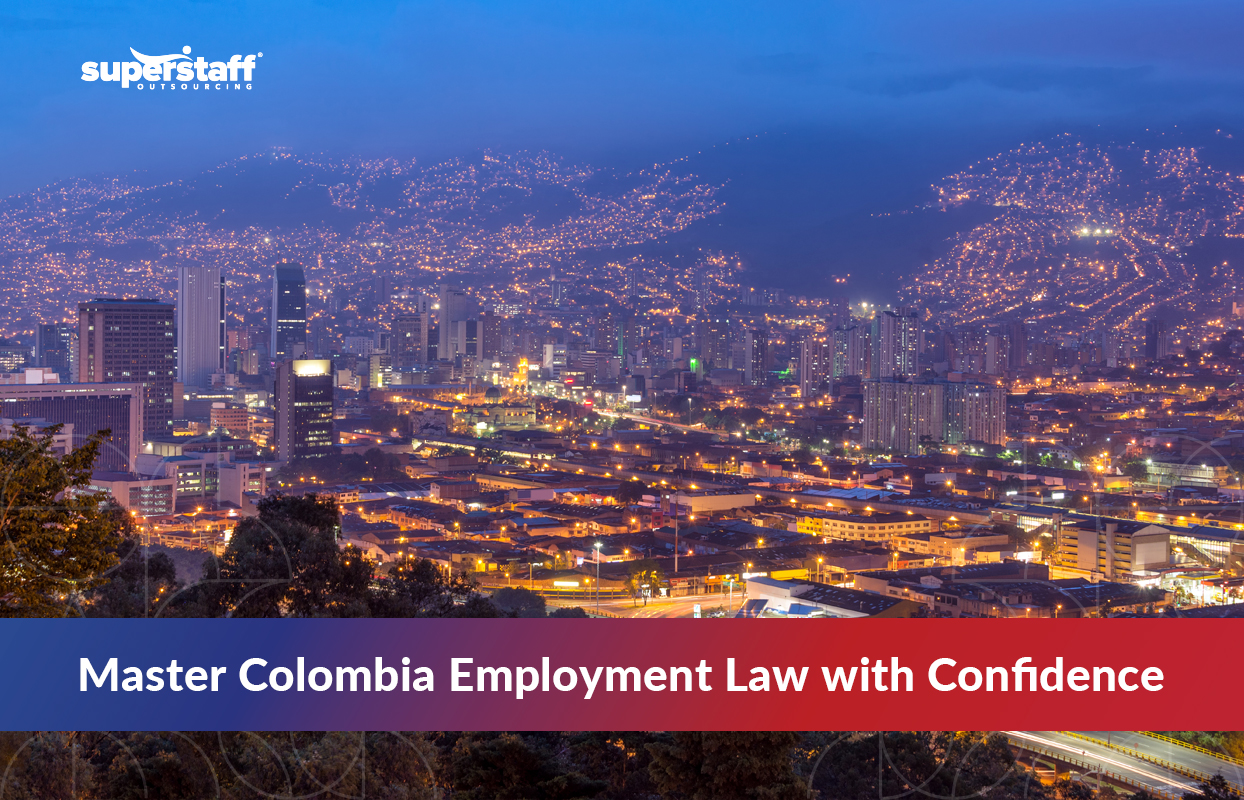 Night view of Medellín’s cityscape symbolizing the growing business landscape and the importance of understanding Colombia employment laws for compliant outsourcing operations.