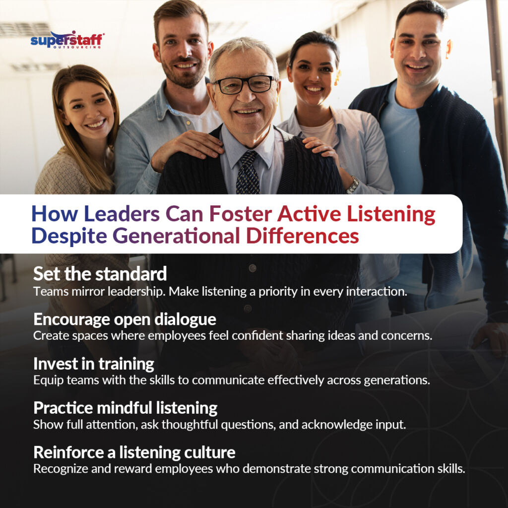 Workplace-Harmony-Across-Generations_Mini-Info-2 The image features a diverse, multi-generational team standing together in an office, smiling and appearing engaged, representing workplace harmony and effective leadership. At the center, an older leader with glasses is surrounded by younger colleagues, symbolizing collaboration across generations. The SuperStaff Outsourcing logo is placed at the top, and a bold title reads: "How Leaders Can Foster Active Listening Despite Generational Differences." Below, key strategies such as setting the standard, encouraging open dialogue, and reinforcing a listening culture emphasize the importance of strong communication in fostering workplace harmony across all age groups.