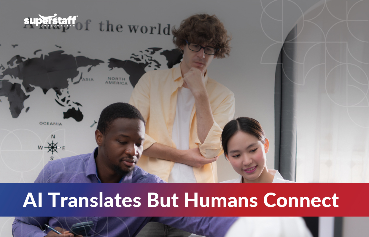 AI-Language-Translation-Apps-vs.-Multilingual-Support_Featured Diverse team collaborating in front of a world map, symbolizing the balance between AI language translation technology and human connection in global communication.