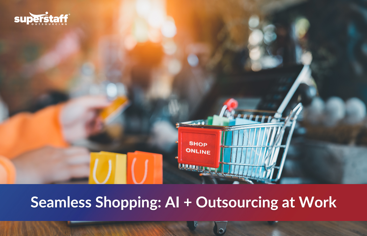 Mini shopping cart in front of a laptop, symbolizing conversational commerce through AI and outsourcing for seamless online shopping.