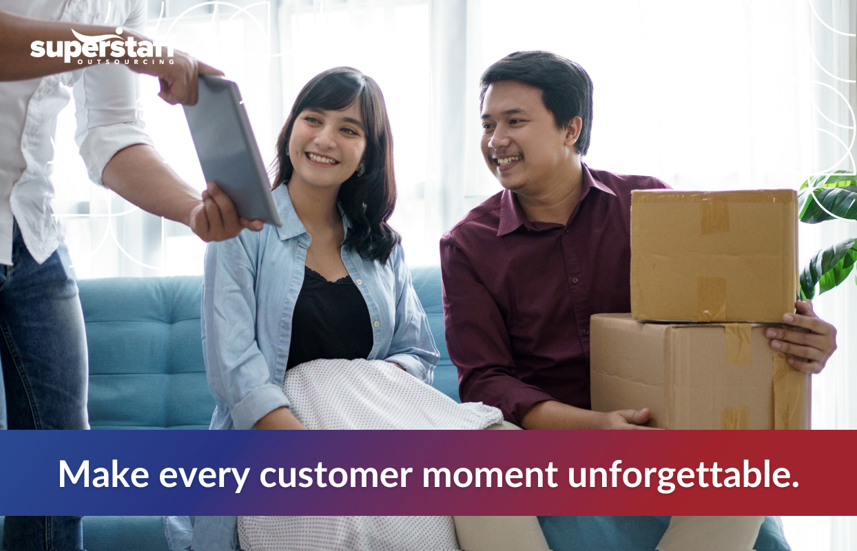 Smiling couple receiving delivery and engaging with customer service representative—illustrating experiential retail through personalized and memorable customer interactions.