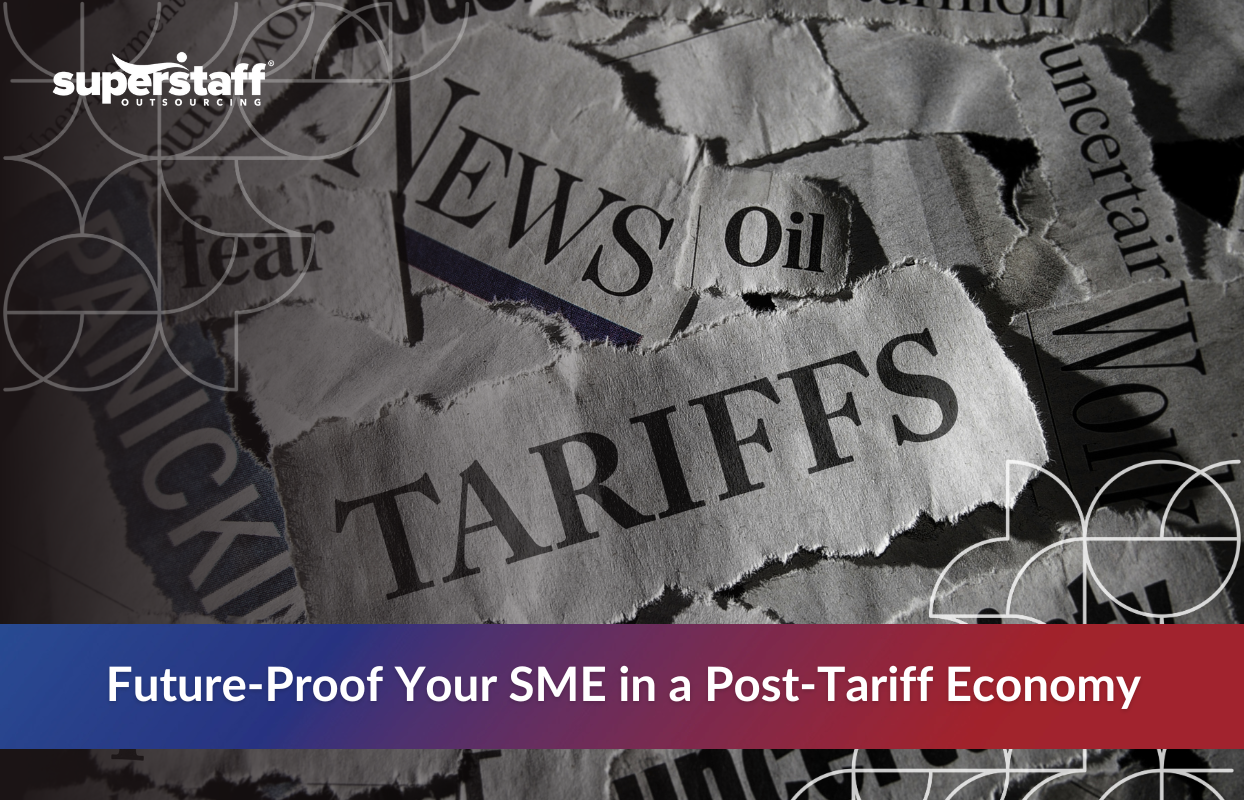 Liberation Day Tariffs_Featured Torn newspaper headlines about tariffs with overlay text: Future-Proof Your SME in a Post-Tariff Economy.