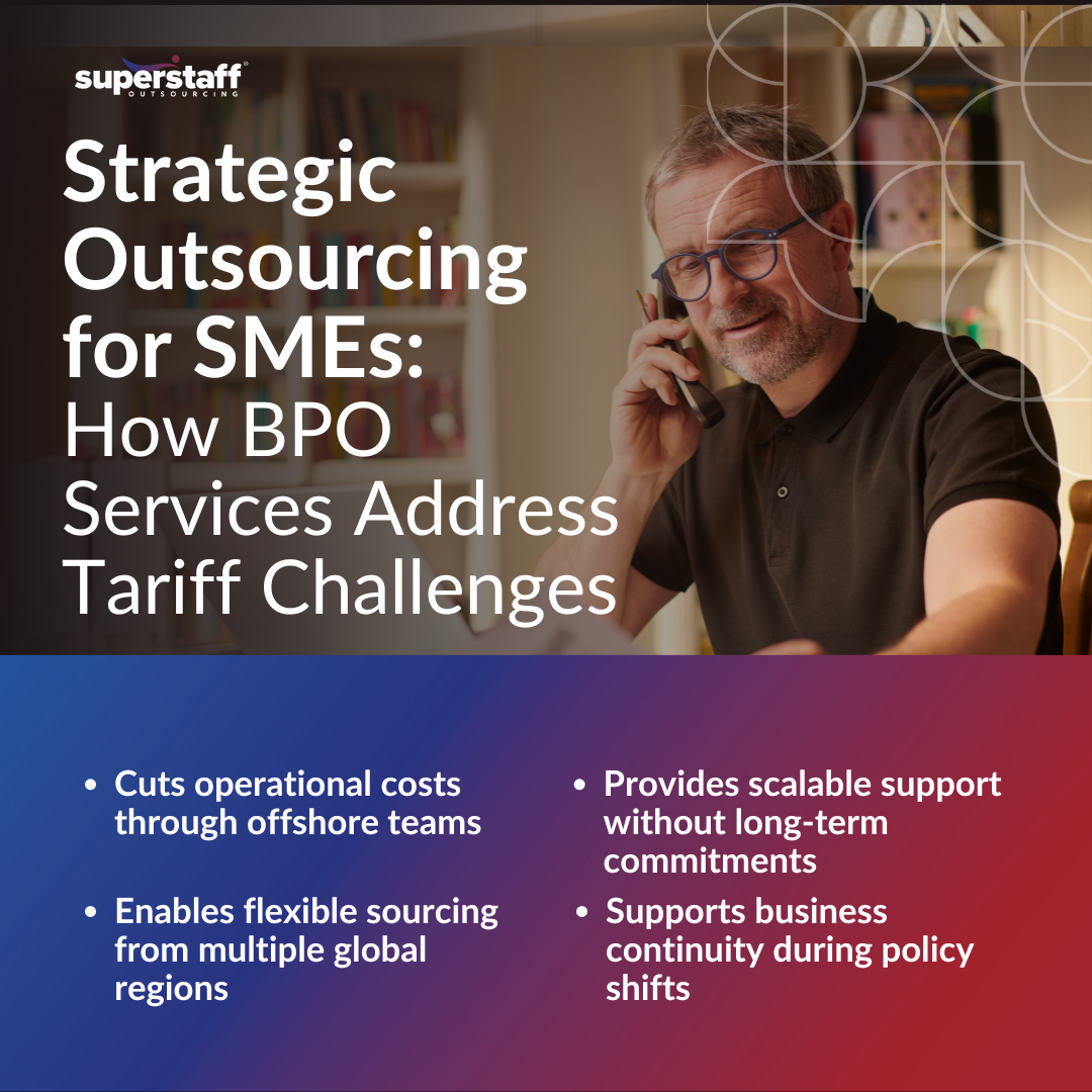 Liberation Day Tariffs_MI1 Man on phone with text about strategic outsourcing for SMEs and how BPO solves tariff challenges.