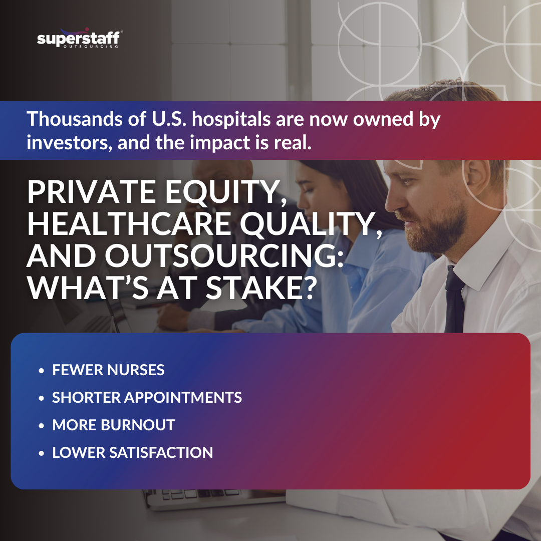 The Risks of Private Equity in Healthcare_MI A mini infographic surrounding healthcare quality and outsourcing.