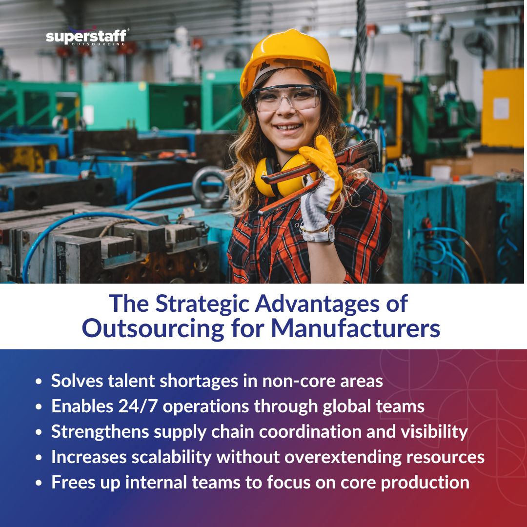 US_Manufacturing_on_the_Rise_MI1 Female welder with helmet holds tool; infographic on outsourcing for manufacturers benefits shown.