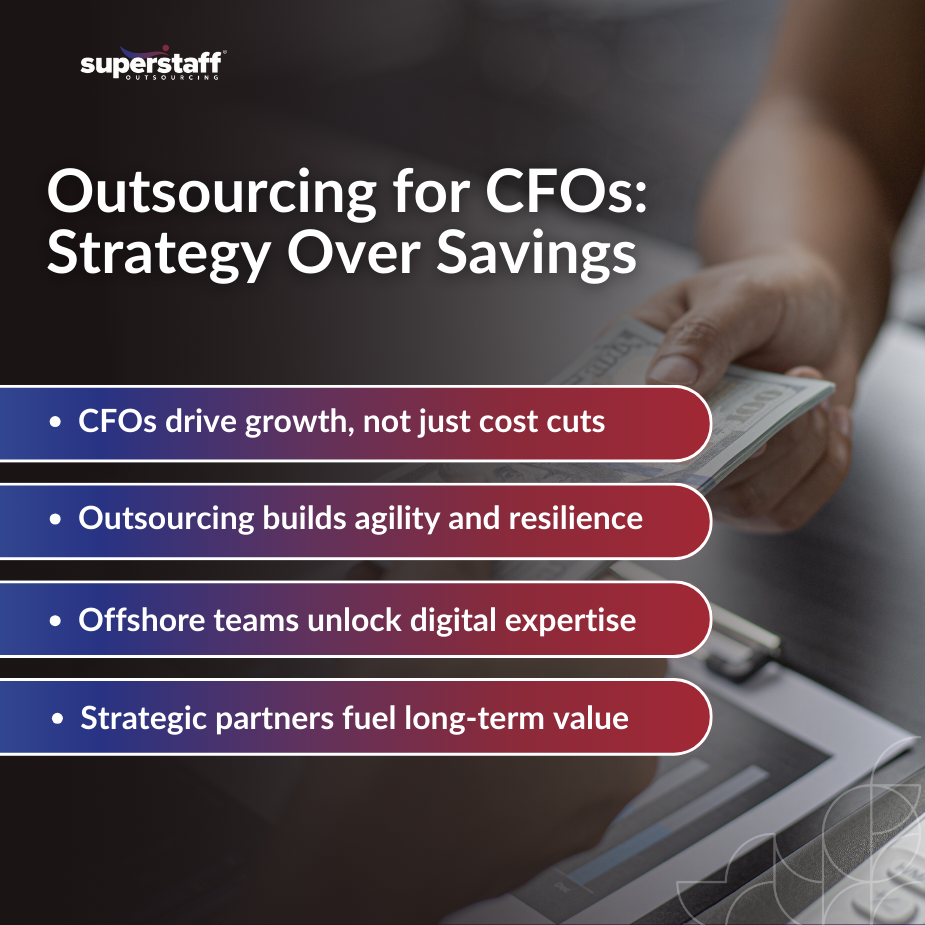 Outsourcing for CFOs highlights strategies for growth with financial insights and teamwork on a digital device.