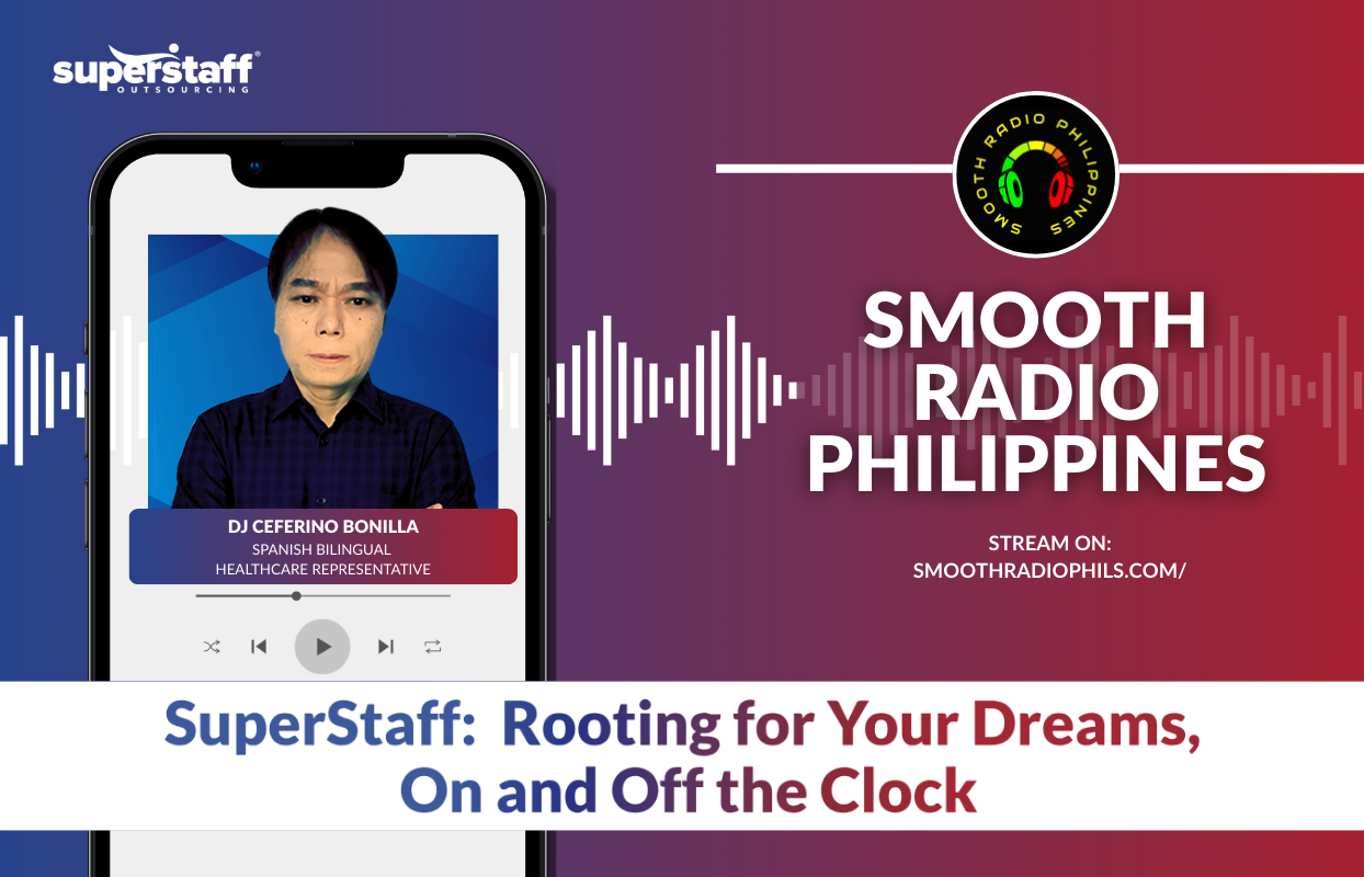SuperStaff employee featured with Smooth Radio Philippines logo, highlighting support for side hustles and passion projects like Smooth Radio.