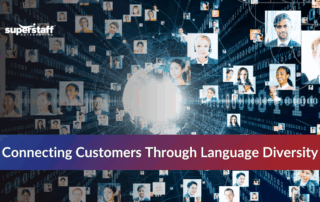 Network of diverse faces symbolizing global connection through language diversity in business.