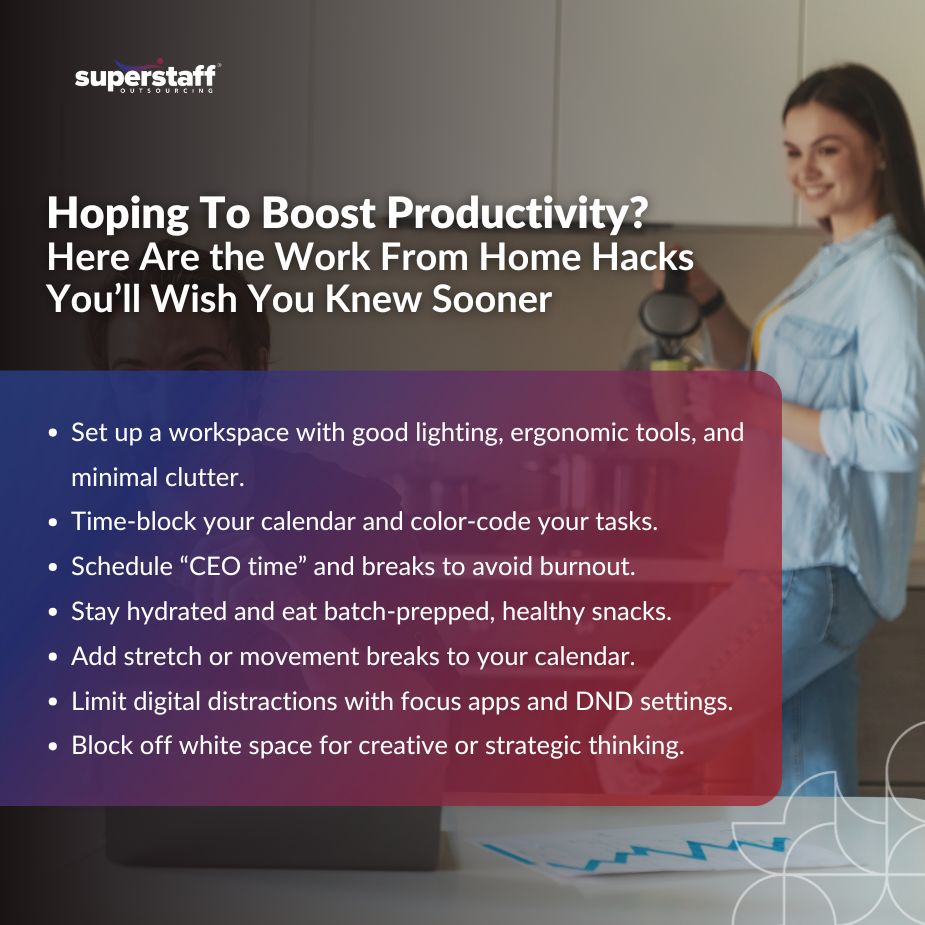 A mini infographic showing helpful work from home hacks for remote employees