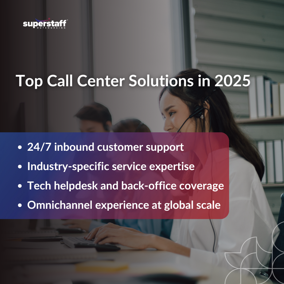A 2025 Guide_MI Mini infographic highlighting top call center solutions in 2025, featuring 24/7 inbound customer support, industry-specific service expertise, tech helpdesk and back-office coverage, and omnichannel experience at global scale.