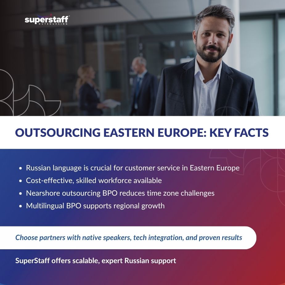 Professional team discussing key facts about outsourcing Eastern Europe, highlighting the skilled workforce and Russian language importance.