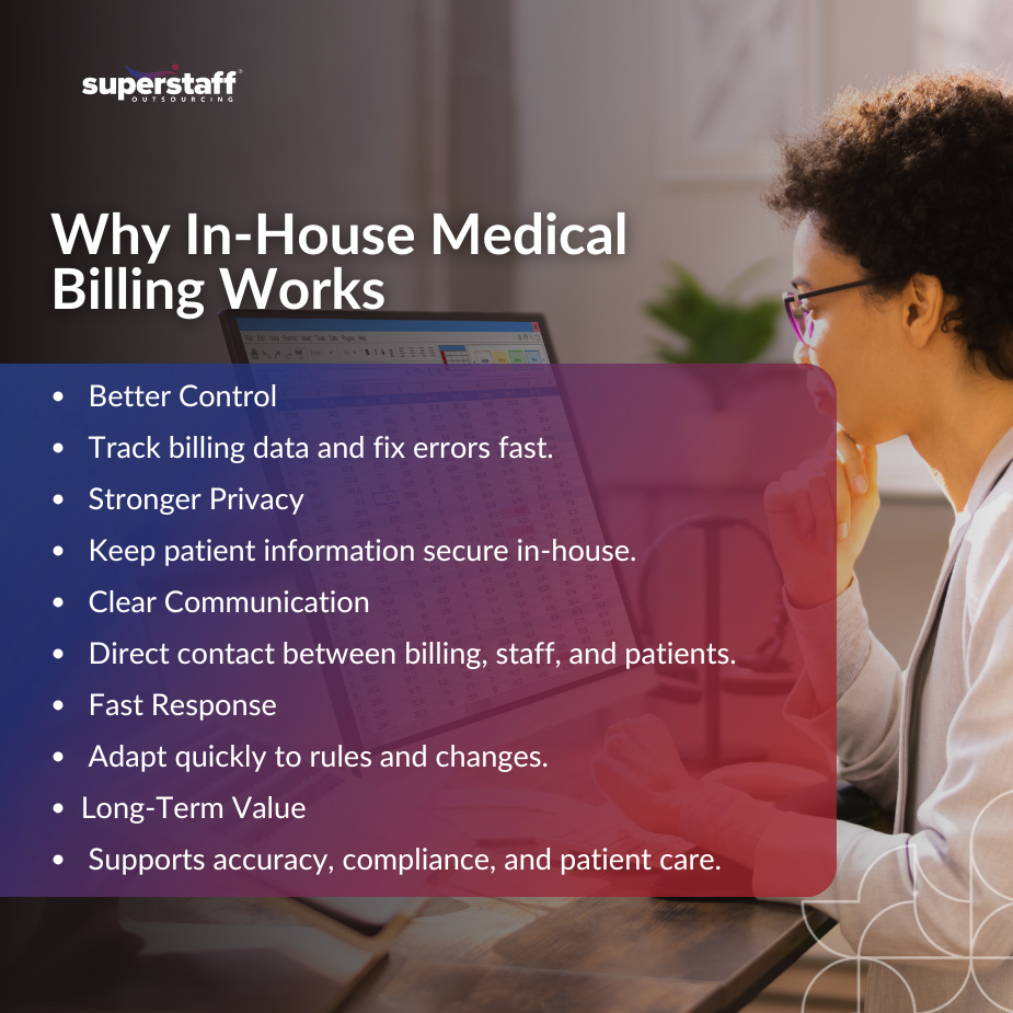 Healthcare staff managing in-house medical billing using desktop software in a clinical office setting.